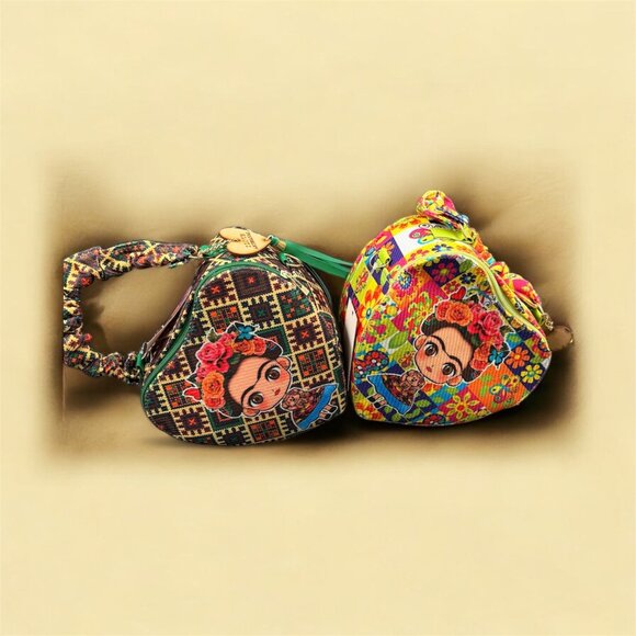 Handbags - Handcrafted Jute Heart Shape with Frida Doll Print – Multicolor